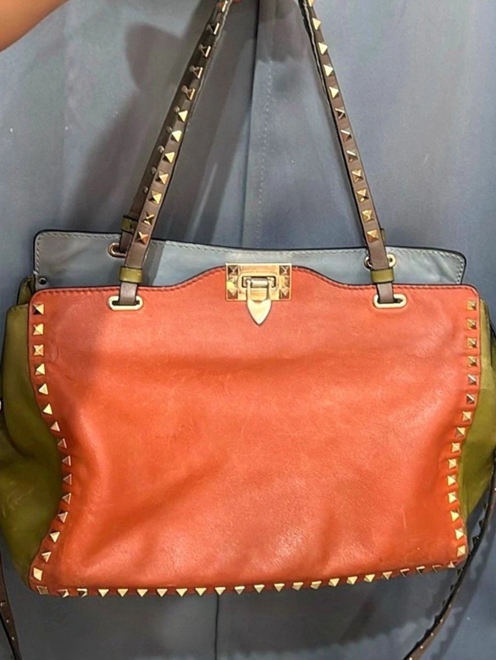 Valentino Garavani Rockstud Vitello Medium Tote Orange & Green